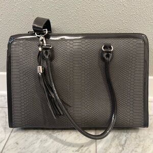 17” Laptop Tote in gray vegan snakeskin & patent leather